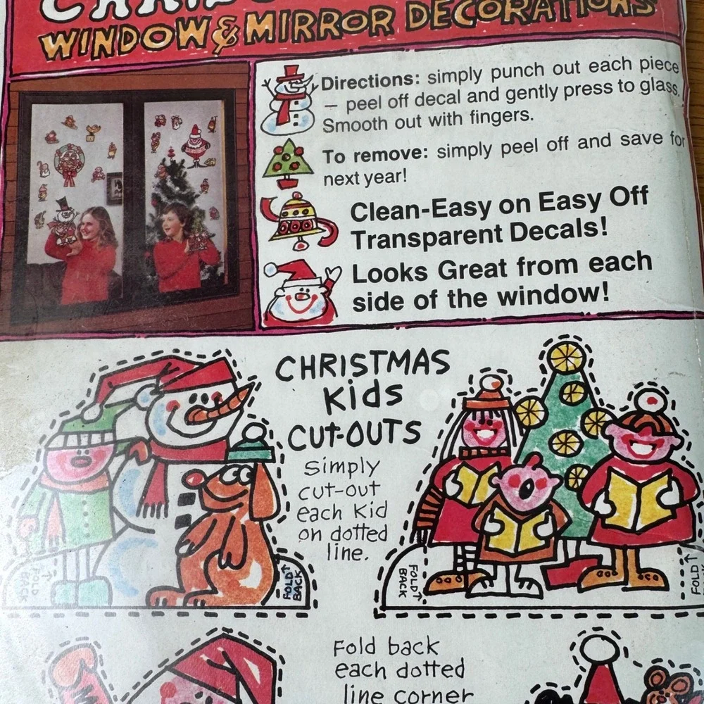 1978 Christmas Kids Window Mirror Decorations‎ Decals Cutouts Vintage
